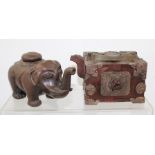 TWO CHINESE YI HING STYLISED TEAPOTS, one in the form of a moulded cube classical hinged chest