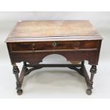 THE BASE OF A GEORGE III OAK CHEST ON STAND, fitted one long drawer over shaped apron on turned