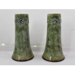 A PAIR OF ROYAL DOULTON STONEWARE VASES of tapering form, mottled green glaze with applied blue