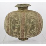 A HAN DYNASTY CHINESE PAINTED COCOON JAR, painted with burgundy bands and scrolls, 26cm high x