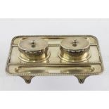 CHARLES STUART HARRIS A SILVER DESK STAND, having oblong channelled tray with gadroon edging and