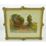 LATE 19TH CENTURY ENGLISH SCHOOL Country lane, a Watercolour, monogrammed H.F.S. and dated (18)97,