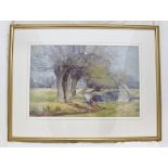 WILLIAM EDWARD WIGLEY A riverscape with horses, a Watercolour, 34cm x 52.5cm in plain glazed