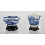 TWO CHINESE QING DYNASTY HAND PAINTED BLUE AND WHITE VESSELS, one shallow bowl with the exterior
