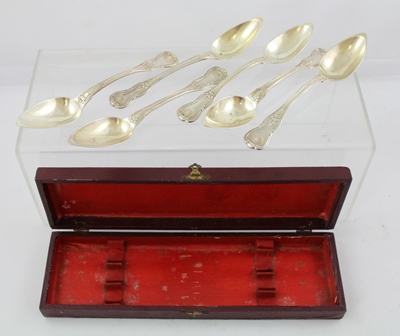 A SET OF SIX FRENCH WHITE METAL "KINGS" PATTERN DESSERT SPOONS, 17cm