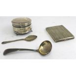 AN ASSORTMENT OF SILVER AND PLATED WARES to include a scroll engraved silver cigarette case