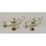 MAPPIN & WEBB LTD A PAIR OF SILVER ALADDIN'S LAMP SHAPED TABLE OIL LAMPS, each with facetted