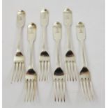 MARY CHAWNER A SET OF SIX EARLY VICTORIAN SILVER TABLE FORKS of fiddle pattern design, each