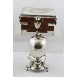 A LATE VICTORIAN OAK AND SILVER PLATED CASKET TYPE TEA CADDY, with blind shield plate to front, side