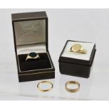 FOUR 9CT GOLD RINGS, comprising two wedding bands and two gentlemen's signet rings, one inset with