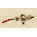 BROWN & CLARK A MID 19TH CENTURY EMBOSSED SILVER AND CORAL INFANTS RATTLE with whistle terminal