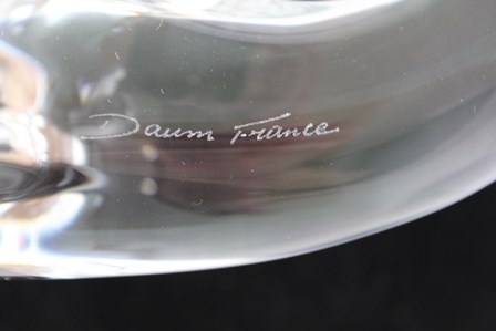 A LATE 20TH CENTURY CLEAR GLASS MODEL OF A DOLPHIN, signed Daum, France, 24cm high x 24cm long - Image 3 of 3