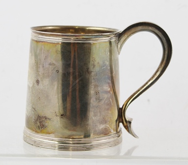 JAMES DIXON & SONS LTD A GEORGIAN DESIGN SILVER TANKARD having scrolling handle and engraved