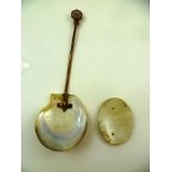 A 19TH CENTURY BRASS STEMMED SPOON WITH ABALONE SHELL BOWL, the terminal inset with glass moon face,