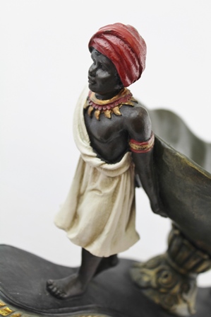 TWO 20TH CENTURY PAINTED AND GILDED COMPOSITION BLACKAMOOR BOWLS, each with two supporters, the - Image 3 of 5