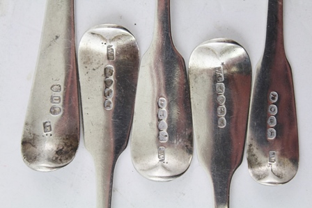 A GEORGE III SILVER TABLE SPOON, London 1795 of Hanoverian design together with FOUR SILVER FIDDLE - Image 2 of 2