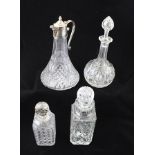 A CLARET JUG with silver plated lidded spout and handle, together with a globe and shaft cut glass