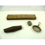 A 19TH CENTURY PRISONER OF WAR CRIBBAGE BOARD, bone laid on wood, 18cm x 3.5cm, together with a 19TH