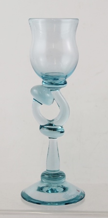 KARLIN RUSHBROOKE A PALE BLUE STUDIO GLASS with fancy shaped stem, on plain conical foot, 24cm high - Image 3 of 12