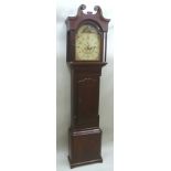 A GEORGE III OAK LONGCASE CLOCK, the arched painted dial with bird and fruit decoration, with