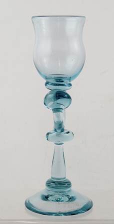 KARLIN RUSHBROOKE A PALE BLUE STUDIO GLASS with fancy shaped stem, on plain conical foot, 24cm high - Image 4 of 12