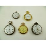 A SELECTION OF FIVE POCKET WATCHES, various, to include a rolled gold Waltham dress watch, a lady'
