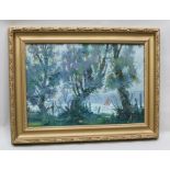 MIKE ABSOLON Misty Day on the Thames, Hampton, oil paining on board in ornate gilt frame, 34cm x