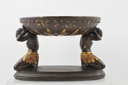 TWO 20TH CENTURY PAINTED AND GILDED COMPOSITION BLACKAMOOR BOWLS, each with two supporters, the - Image 4 of 5