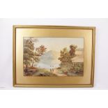 LATE 19TH CENTURY BRITISH COLONIAL SCHOOL "Eastern" lake and mountain landscape with chalet and