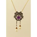 A VICTORIAN STYLE GOLD COLOURED METAL SET AMETHYST, PEARL AND DIAMOND PENDANT, having oval