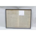 A FRAMED SECTION OF "THE TIMES" NEWSPAPER October 3rd 1798 detailing Nelson's victory at The