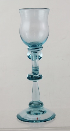 KARLIN RUSHBROOKE A PALE BLUE STUDIO GLASS with fancy shaped stem, on plain conical foot, 24cm high - Image 2 of 12