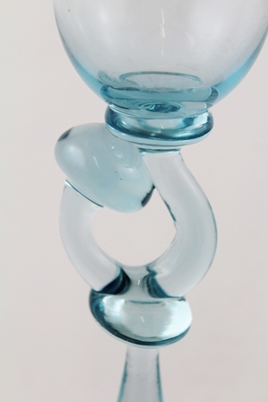 KARLIN RUSHBROOKE A PALE BLUE STUDIO GLASS with fancy shaped stem, on plain conical foot, 24cm high - Image 6 of 12