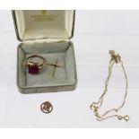 A 9CT GOLD CHAIN, 9ct gold ring mount (loose red stone), 9ct gold earrings and a fourteen kebemco
