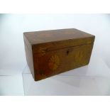 A 19TH CENTURY MAHOGANY TEA CADDY, fan patera inlaid, the hinged cover opening to reveal three inner