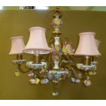 AN ITALIAN (possibly Capo-di-Monte) MID 20TH CENTURY CERAMIC AND BRASS CHANDELIER of six branch
