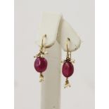 A PAIR OF RUBY AND SEED PEARL DROP EARRINGS, on wire fittings