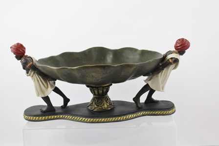 TWO 20TH CENTURY PAINTED AND GILDED COMPOSITION BLACKAMOOR BOWLS, each with two supporters, the - Image 2 of 5