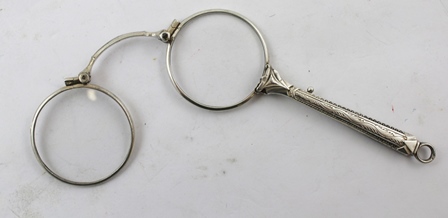 A PAIR OF VICTORIAN STYLE SILVER COLOURED METAL LORGNETTES with spring action and bright cut handle, - Image 3 of 3