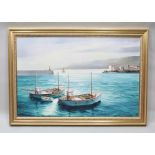 K B HANCOCK 'Fishing boats in harbour', oil on canvas, signed and dated 1973 in gilt frame, 58cm x