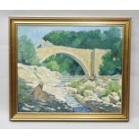 MIKE ABSOLON Entrecasteau (Roman Bridge Provence river scene with bathers) oil on board, signed in