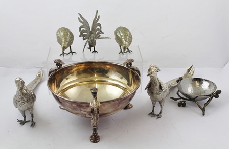 A COLLECTION OF EPNS BIRD FORM TABLE ORNAMENTS including a pair of pheasants, grouse, cock