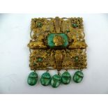 MAX NEIGER A LARGE FILIGREE GILT METAL BROOCH with malachite glass beads and Egyptianesque motifs