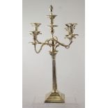 A 20TH CENTURY GEORGIAN STYLE FIVE LIGHT FOUR BRANCH EPNS CANDELABRUM having detachable bead