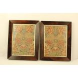 A PAIR OF ROSEWOOD FRAMED TEXTILE PANELS, with stylised floral designs in silk and metal wire