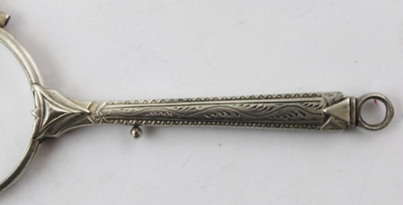 A PAIR OF VICTORIAN STYLE SILVER COLOURED METAL LORGNETTES with spring action and bright cut handle, - Image 2 of 3