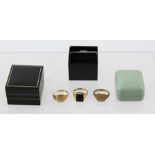 THREE GENTLEMAN'S 9CT GOLD SIGNET RINGS, one set with onyx, one monogrammed, the other with