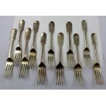 A SELECTION OF ELEVEN GEORGIAN, VICTORIAN AND OTHER SILVER TABLE FORKS, mixed assays, 878g.