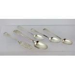 THREE GEORGIAN SILVER TEASPOONS, a Victorian silver BUTTER KNIFE, and a DESSERT SPOON, mixed assays,