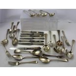 A SELECTION OF SILVER FLATWARE, comprising ten "Old English" tablespoons, Georgian and Victorian,